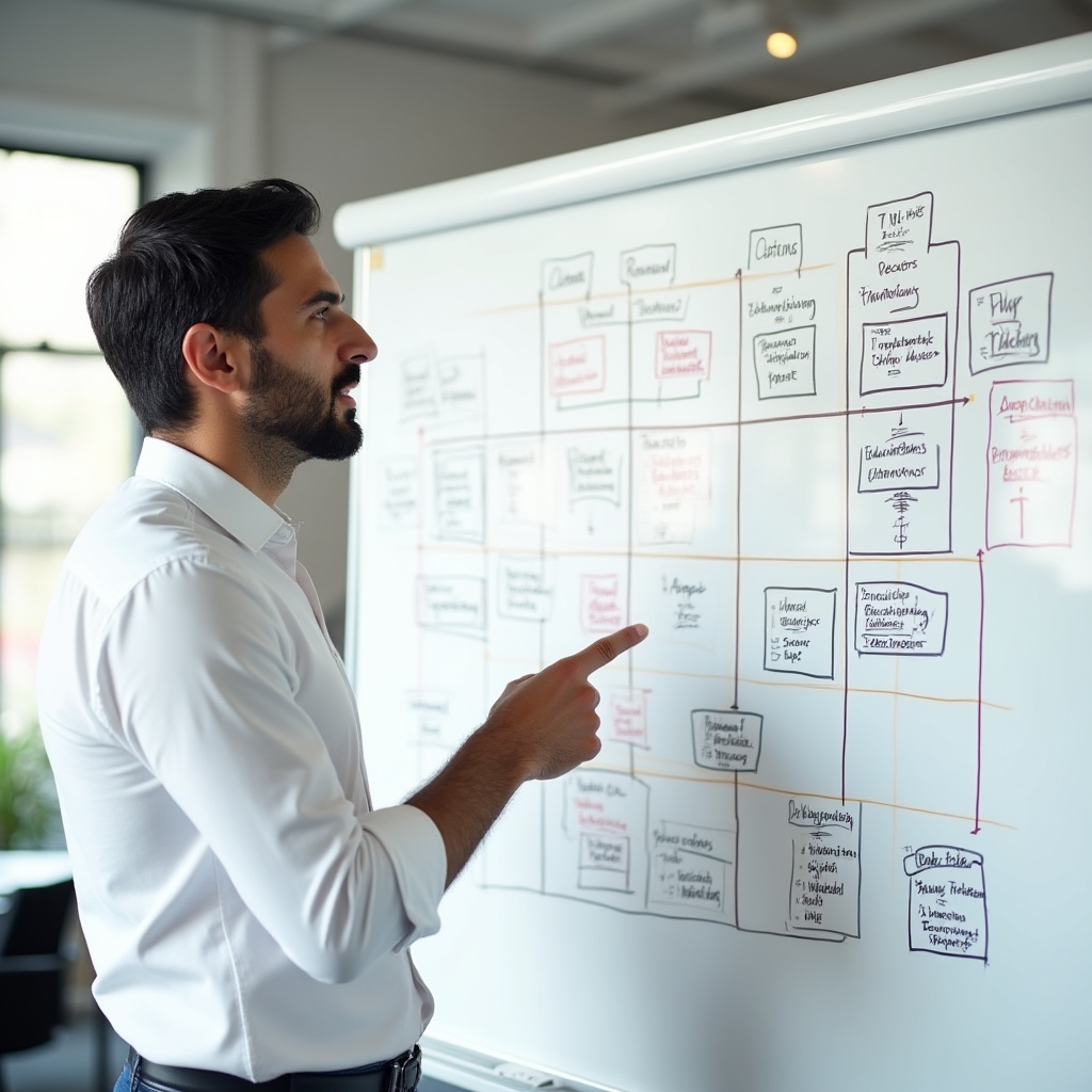 Visual overview of an insurance agency operations workflow on a whiteboard