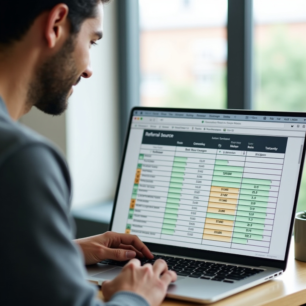 Referral tracking spreadsheet open on a laptop with color-coded rows